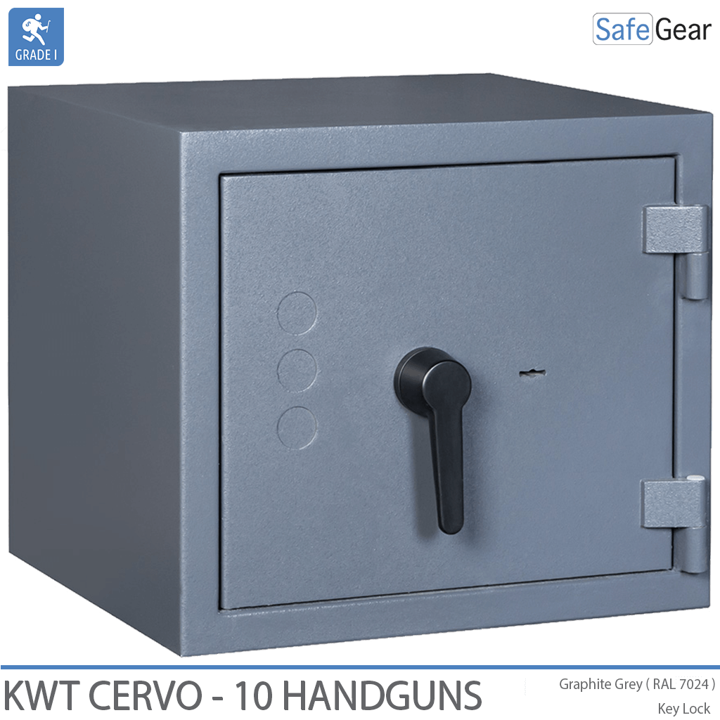 KWT Cervo 10 gun safe in Graphite Grey, door closed, key lock