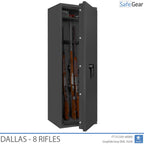 Dallas 8 gun safe in Graphite Grey, door open with rifles, black handle