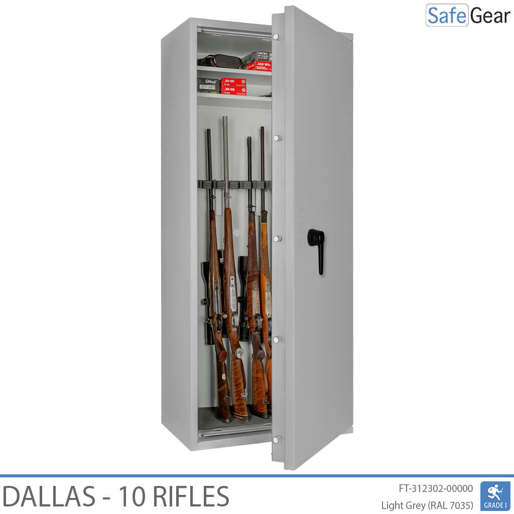 Dallas 10 gun safe in Light Grey, door open with rifles, black handle