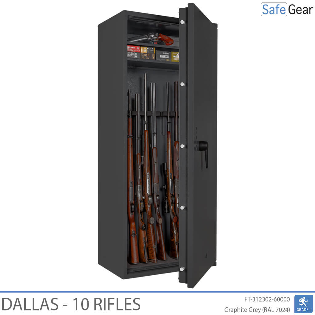 Dallas 10 gun safe in Graphite Grey, door open with rifles
