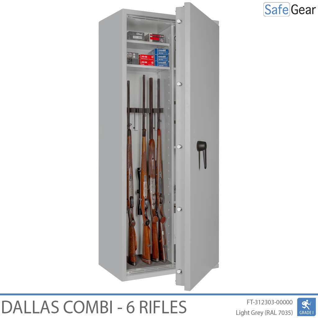 Dallas Combi 6 gun safe in Light Grey, door open with rifles, black handle