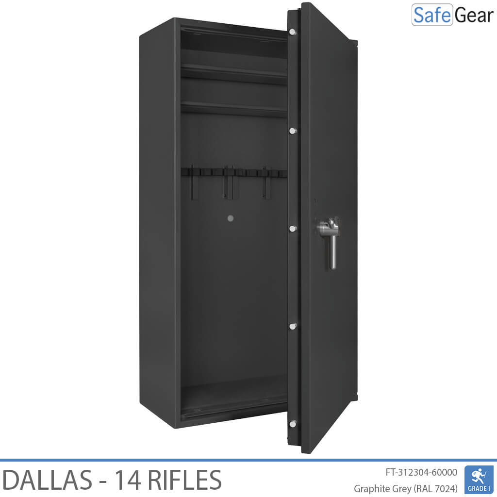 Dallas 14 gun safe in Graphite Grey, door half open, empty foam rifle holders