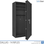 Dallas 14 gun safe in Graphite Grey, door half open, empty foam rifle holders