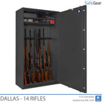 Dallas 14 gun safe in Graphite Grey, door open with 14 rifles
