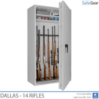 Dallas 14 gun safe in Light Grey, door open with rifles, black handle