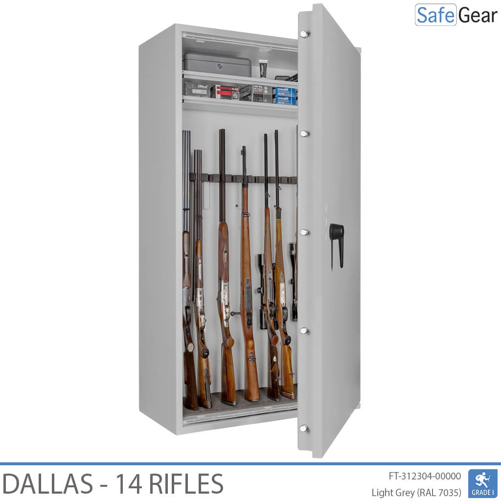 Dallas 14 gun safe in Light Grey, door open with rifles, black handle