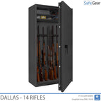 Dallas 14 gun safe in Graphite Grey, door open with rifles