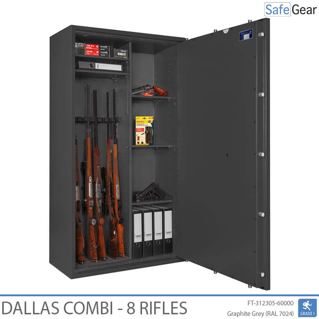 Dallas Combi 8 gun safe in Graphite Grey, door open with rifles, binders and shelved section