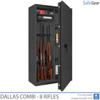 Dallas Combi 8 gun safe in Graphite Grey, door open with rifles and shelved section