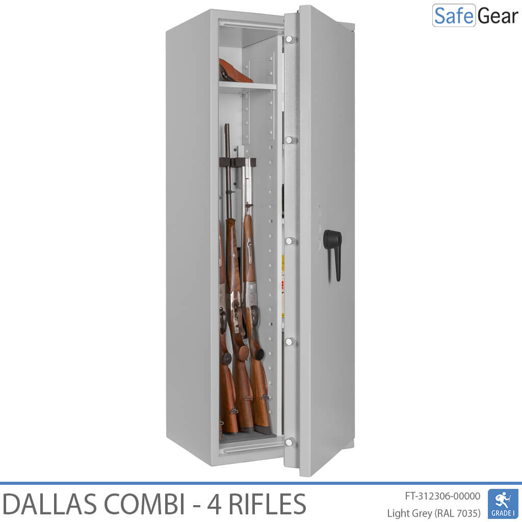 Dallas Combi 4 gun safe in Light Grey, door open with rifles, black handle