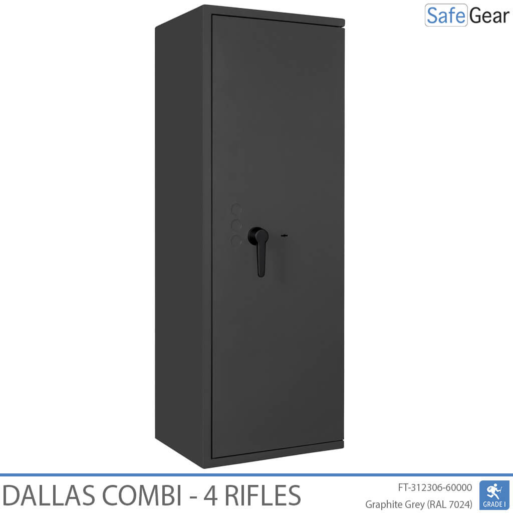 Dallas Combi 4 gun safe in Graphite Grey, door closed, key lock