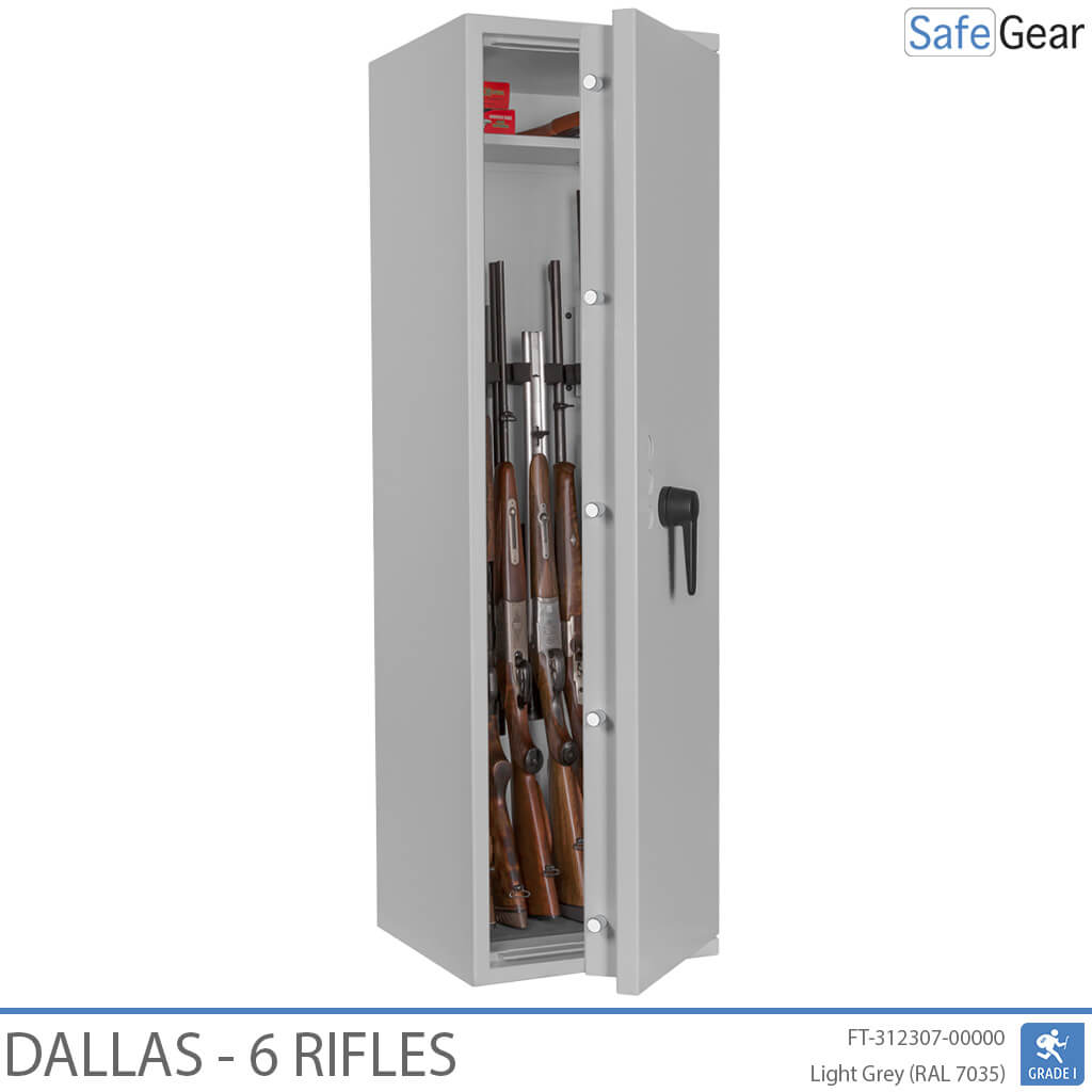 Dallas 6 gun safe in Light Grey, door open with rifles, black handle
