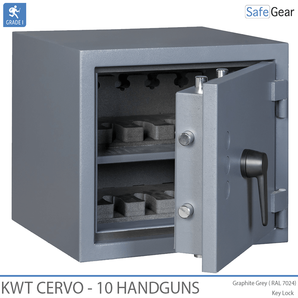 KWT Cervo 10 gun safe in Graphite Grey, door half open with empty foam handgun holders