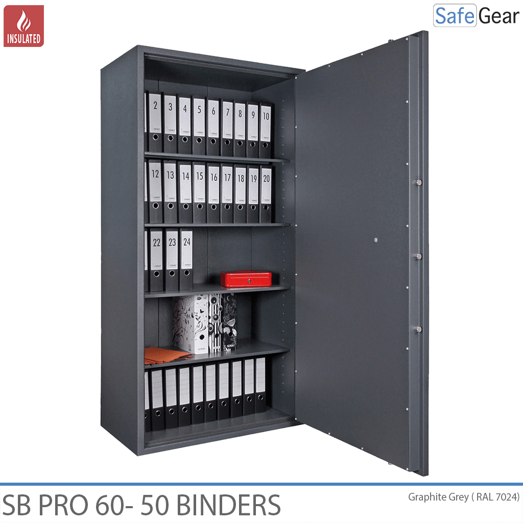 SB Pro document cabinet, door open with binders on movable shelves