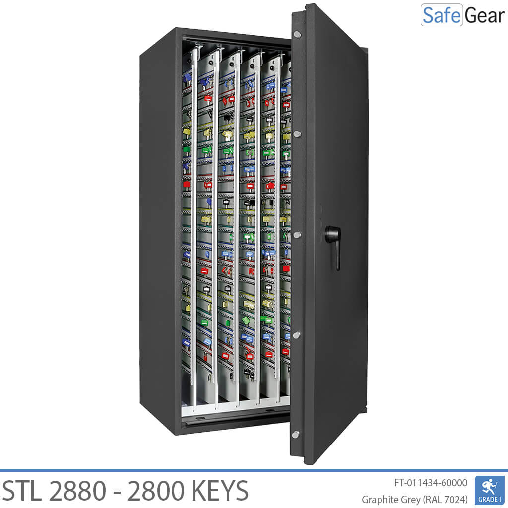STL 2880 key safe in Graphite Grey, door open with pull-out key walls